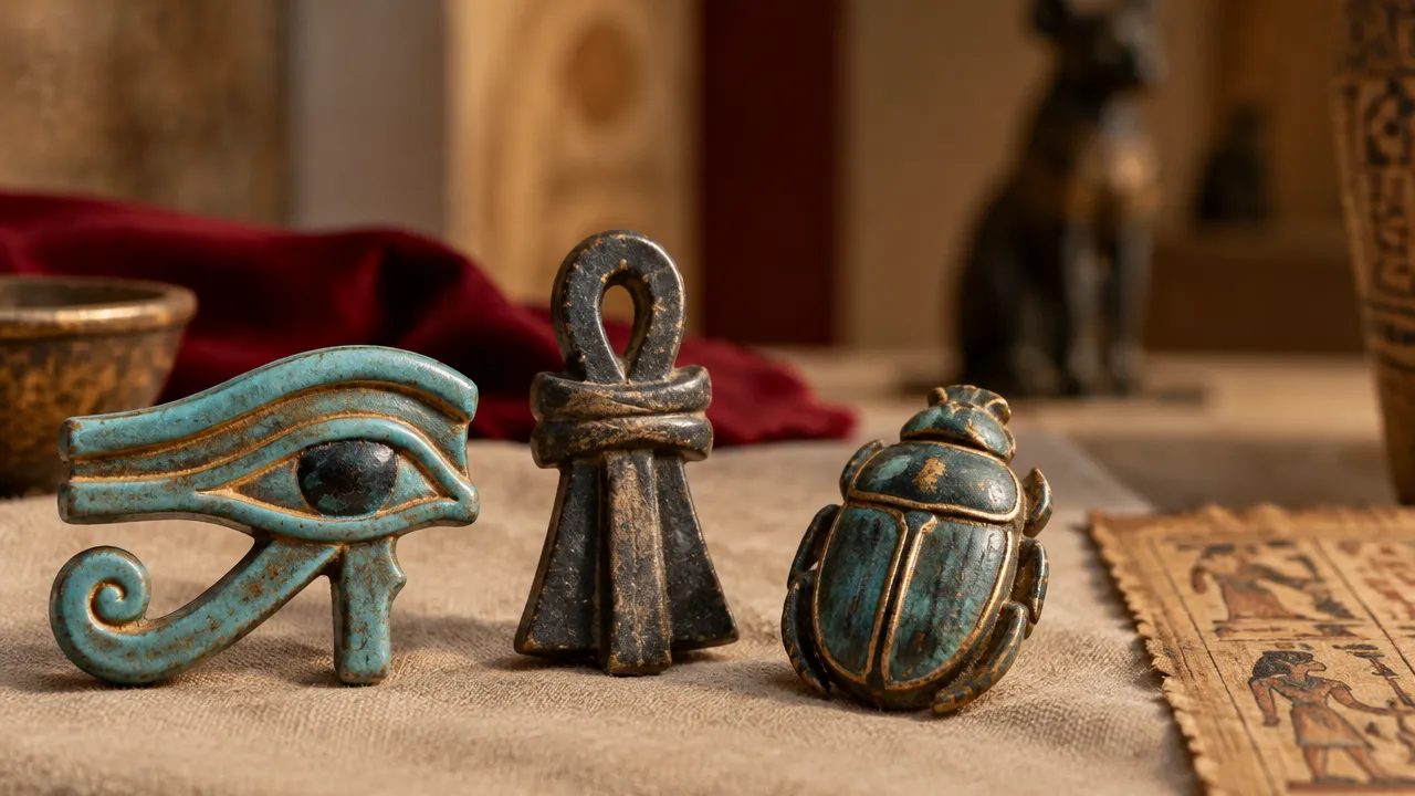 Detalhe de amuletos inspirados em símbolos egípcios, como o olho wedjat e o escaravelho