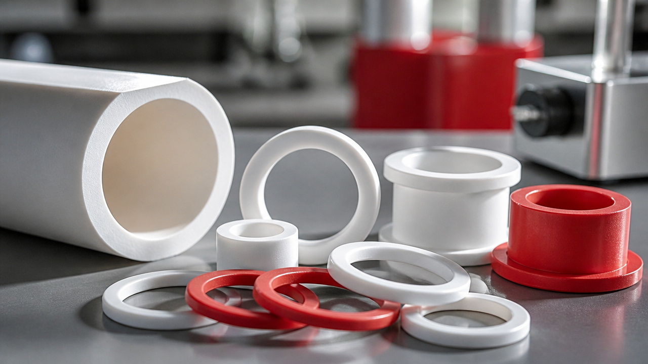 Detalhe de anéis, buchas e tubo em PTFE com acabamento usinado