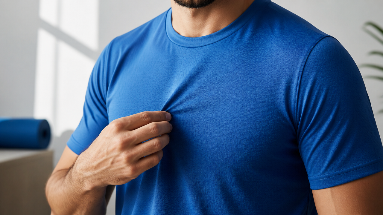 Detalhe de camiseta masculina leve com foco no tecido e no caimento