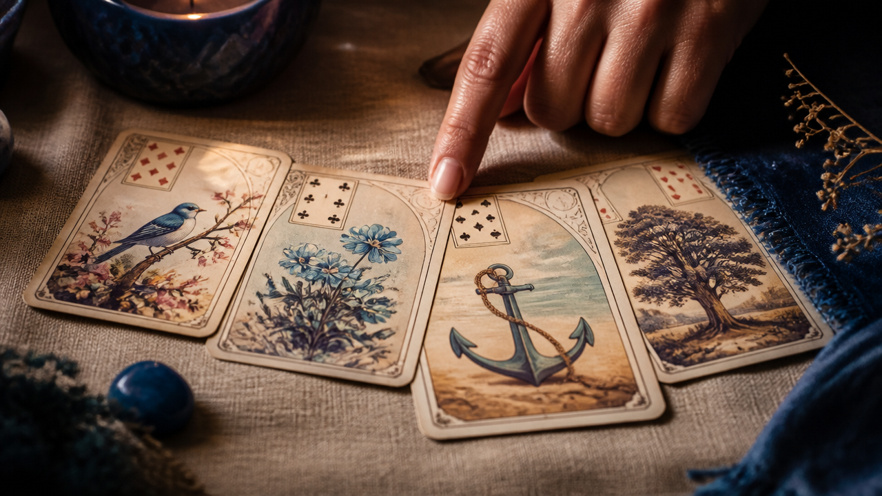 Detalhe de cartas Lenormand combinadas com foco na carta central da leitura