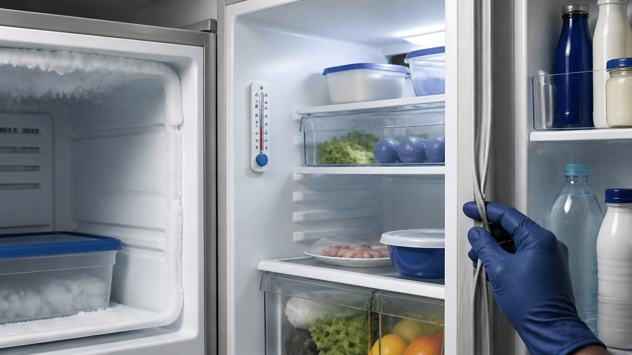 Detalhe de geladeira aberta destacando vedação, temperatura e sinais usados no diagnóstico técnico