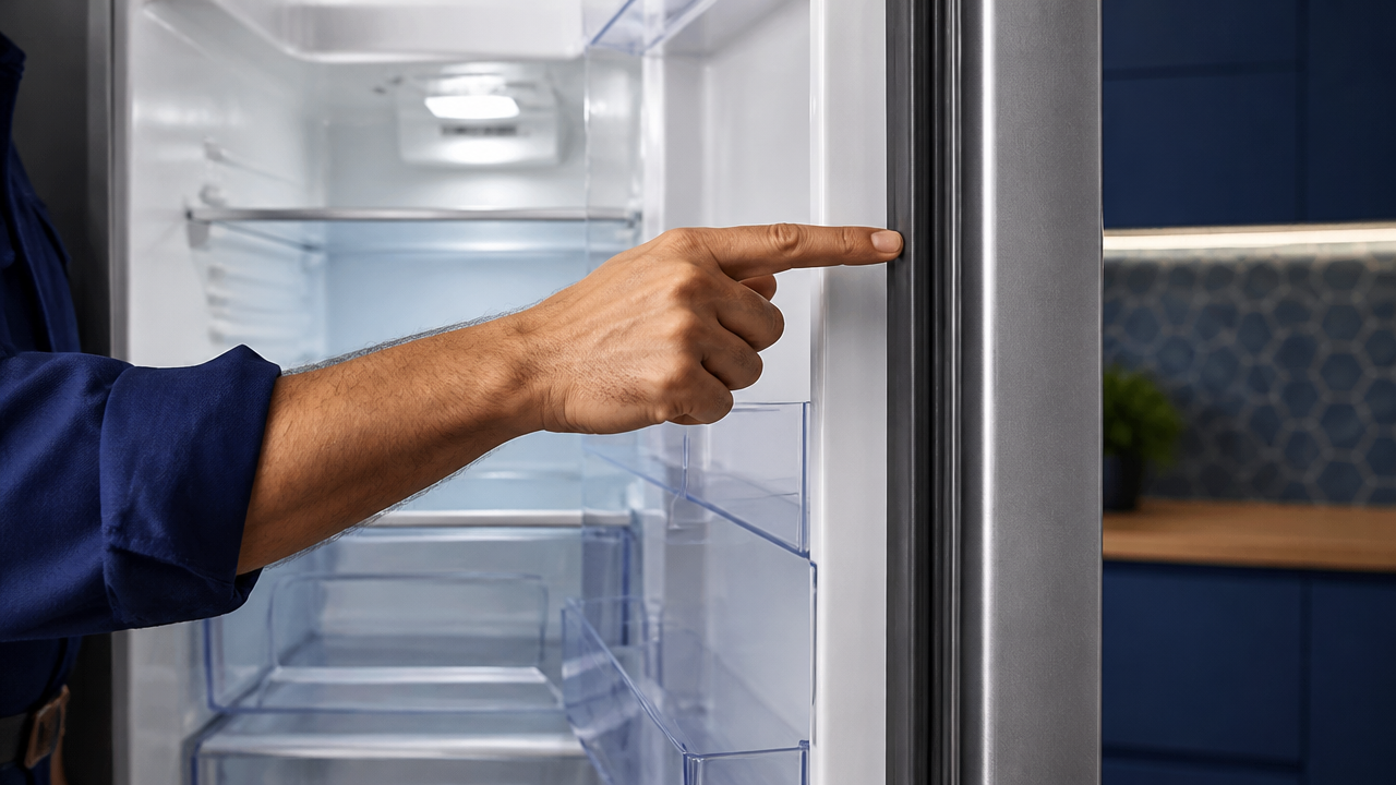 Detalhe de inspeção em geladeira frost free com foco na vedação e parte interna