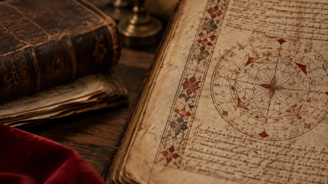 Detalhe de manuscrito antigo com diagrama circular, caligrafia e encadernação de couro