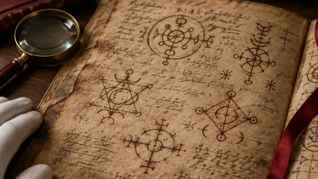 Detalhe de manuscrito antigo com sigilos desenhados à mão, observado como documento histórico.