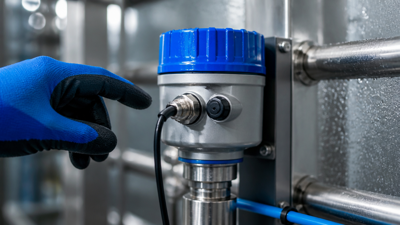 Detalle de sensor industrial con sellado reforzado y protección anticorrosiva en área húmeda