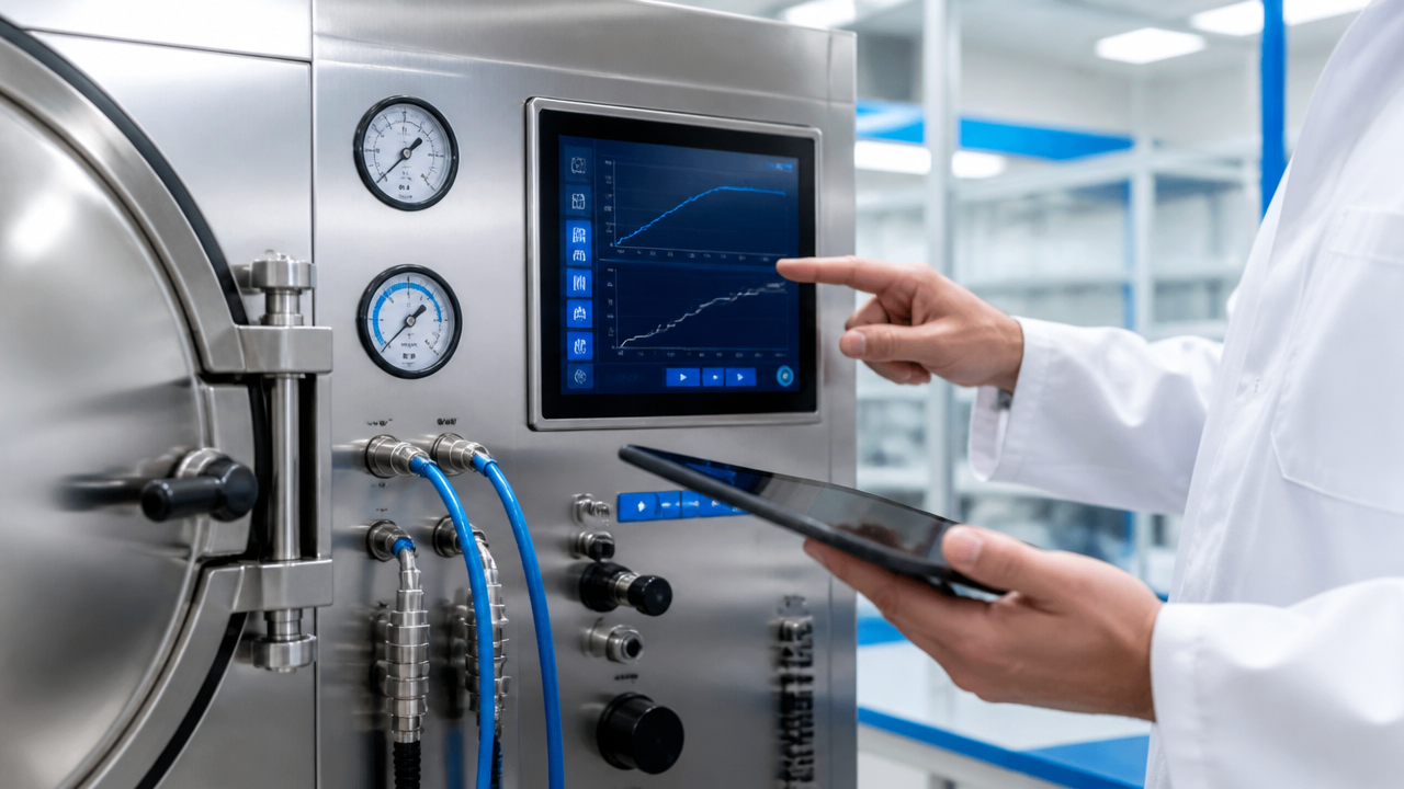 Detalhe de sensores e painel de autoclave usados para análise preditiva em laboratório