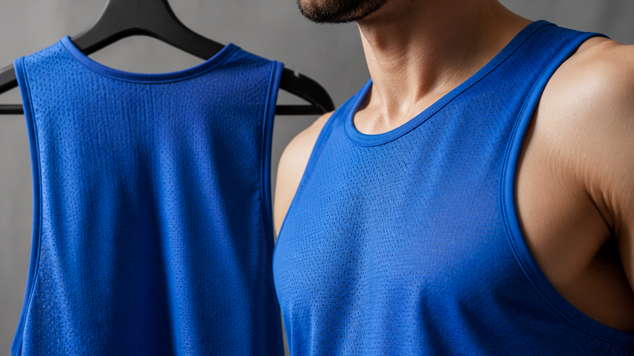 Detalhe de tecido respirável e acabamento de regata masculina esportiva