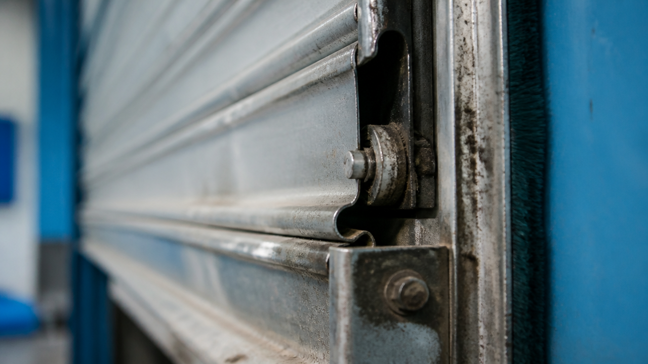 Detalhe de trilhos e lâminas de porta de enrolar com desgaste e desalinhamento