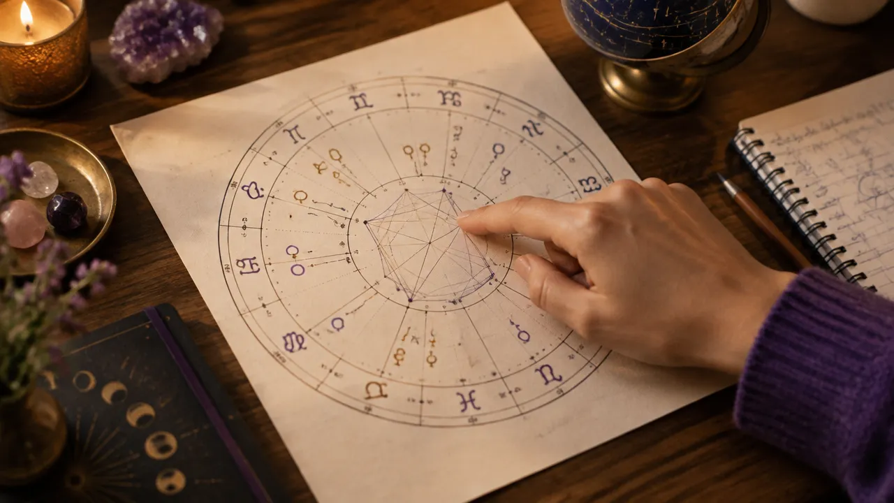 Detalhe de um mapa astral circular com setores e símbolos sobre uma mesa de estudo