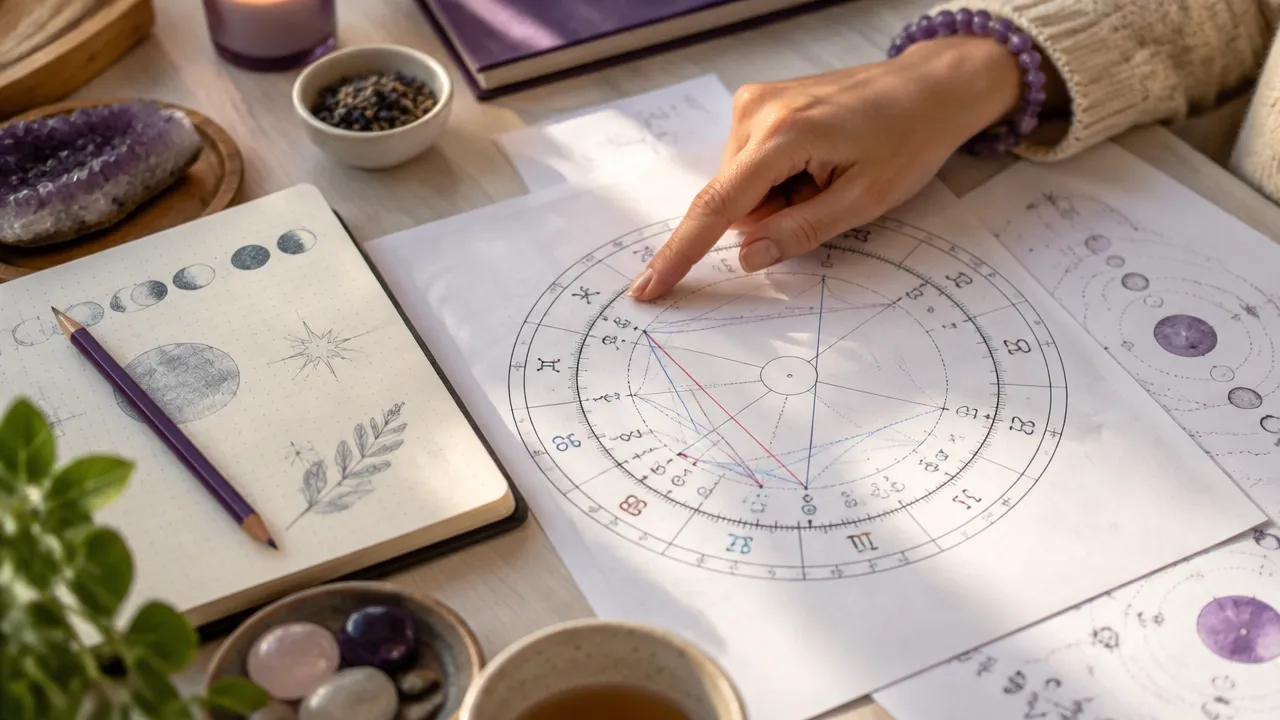 Detalhe de um mapa astral circular sendo analisado ao lado de um caderno de anotações