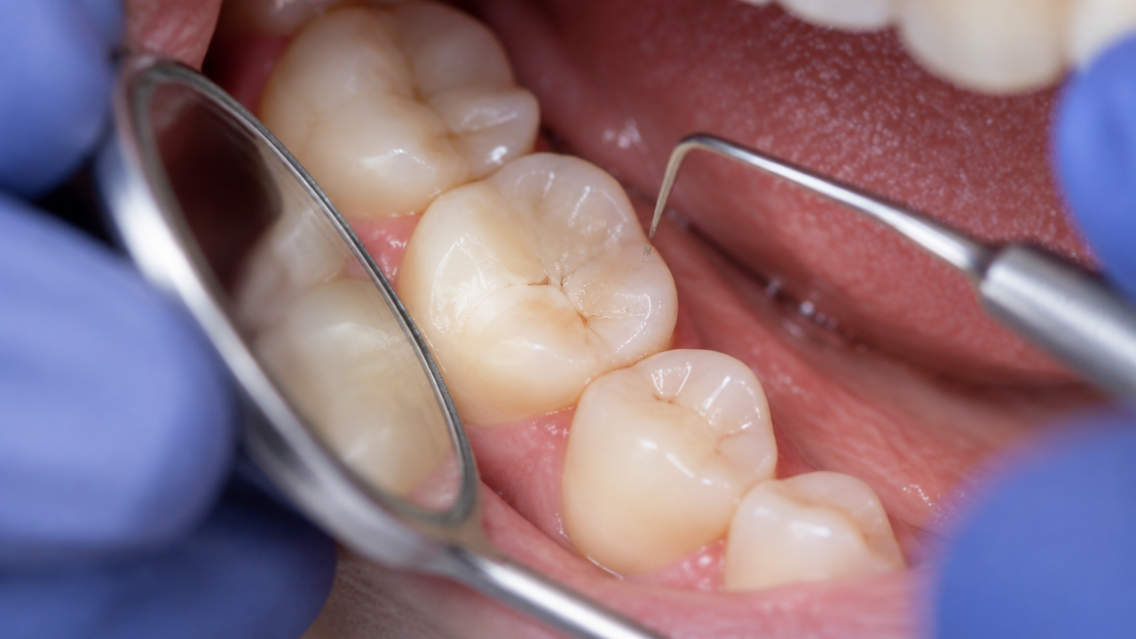 Detalhe de um molar com restauração discreta em resina da cor do dente