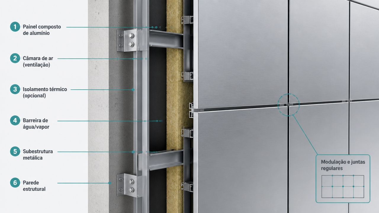 Detalhe ilustrado de painéis de ACM com modulação e juntas em fachada.