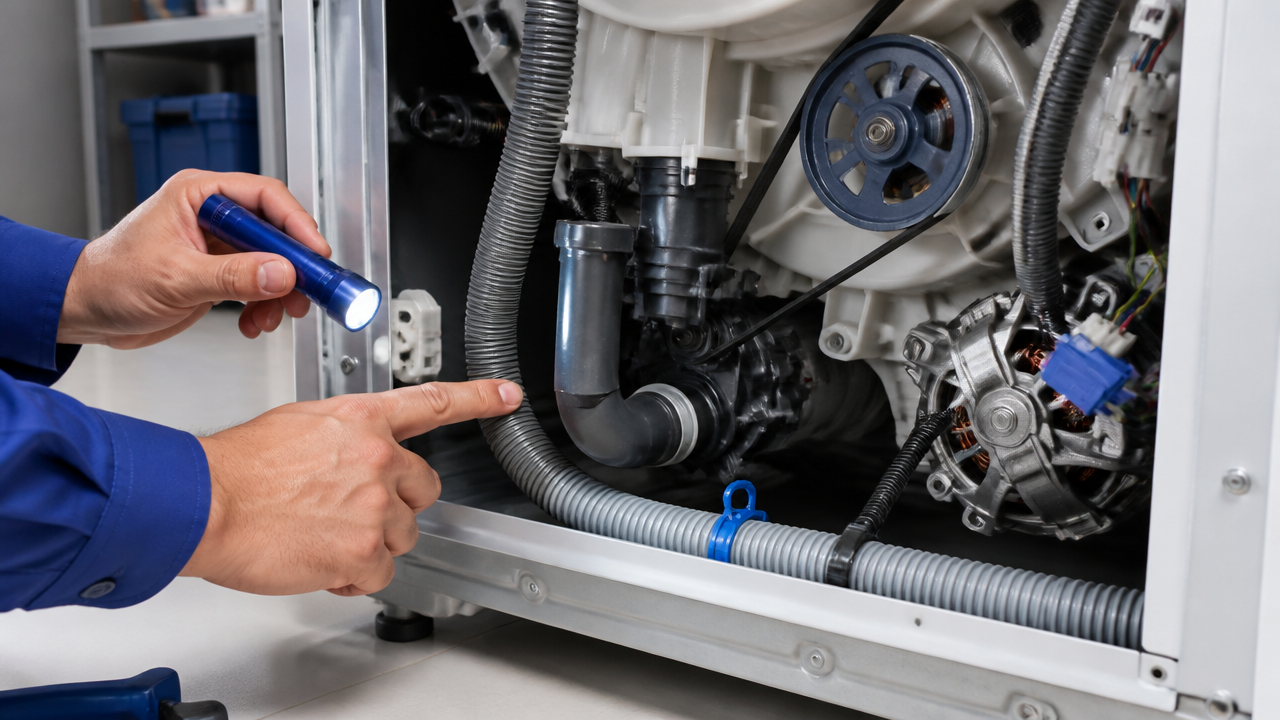 Detalhe interno de máquina de lavar durante diagnóstico técnico