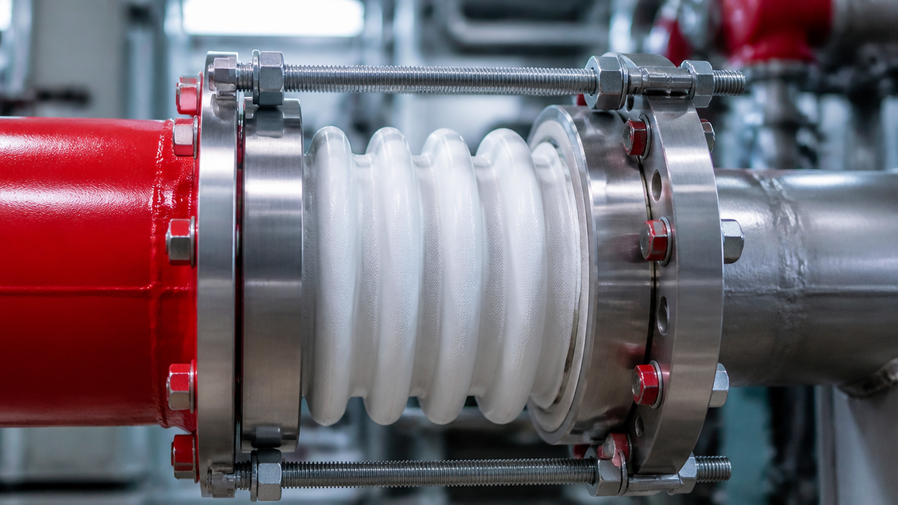 Detalhe técnico de junta de expansão em PTFE com flanges metálicos