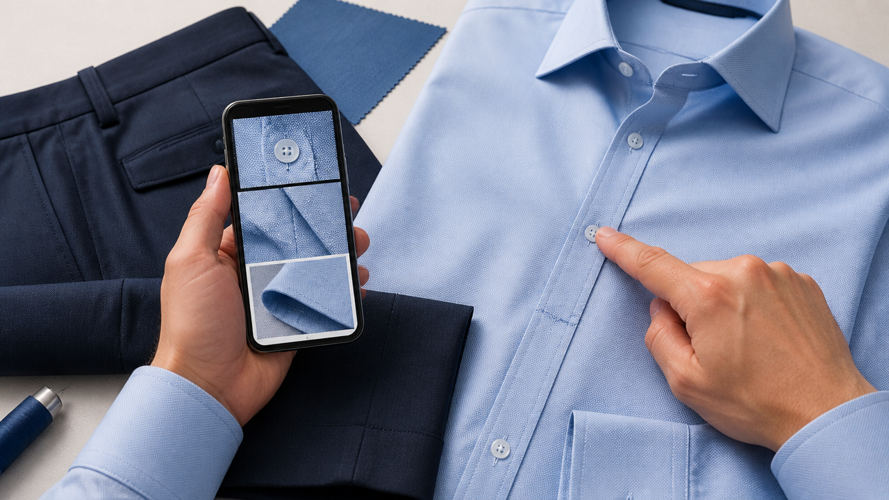 Detalhes de camisa social e calça sendo analisados em fotos e acabamento