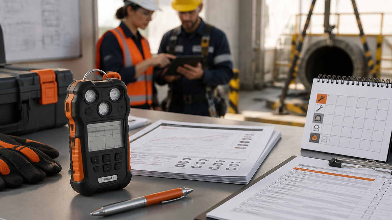 Detector de gases, identificação patrimonial e documentos de calibração organizados para gestão preventiva