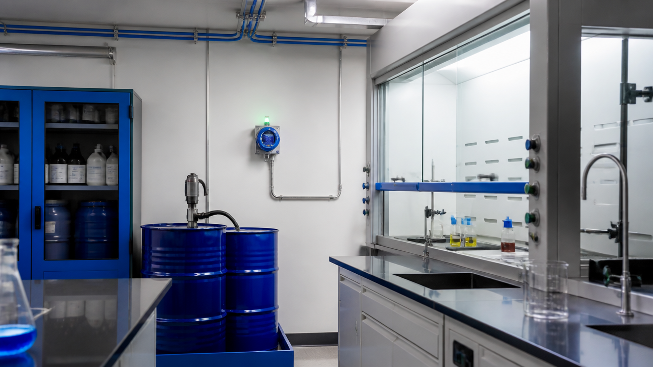Detector de gases instalado em posição estratégica dentro de laboratório químico
