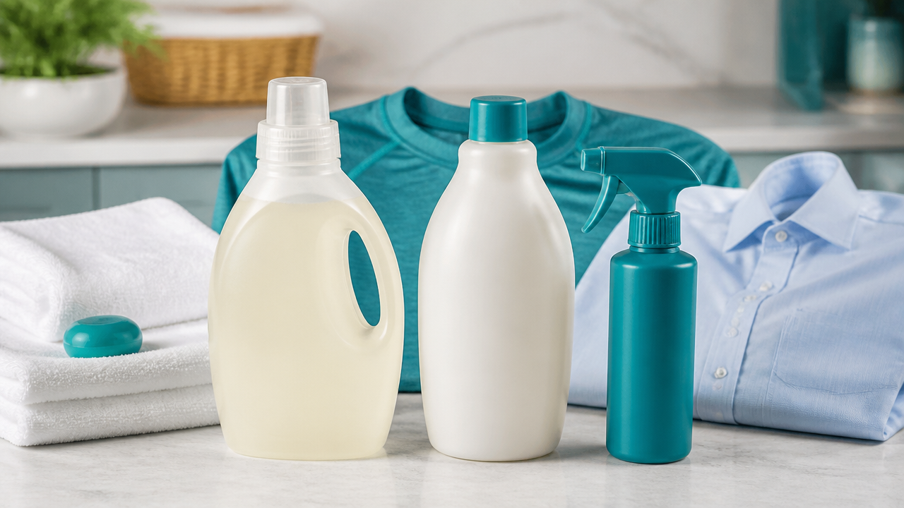 Produtos para lavagem e finalização de roupas organizados em bancada de lavanderia