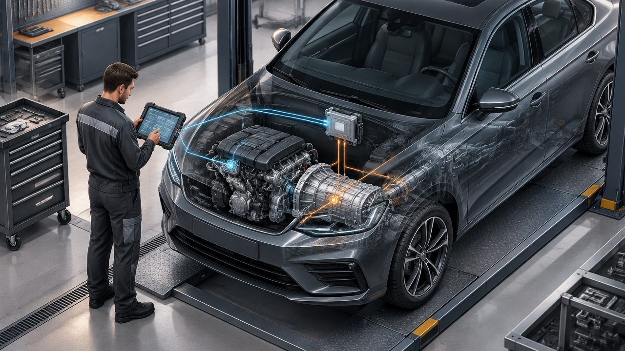 Diagnóstico computadorizado compara sinais do motor e do câmbio automático durante avaliação em oficina