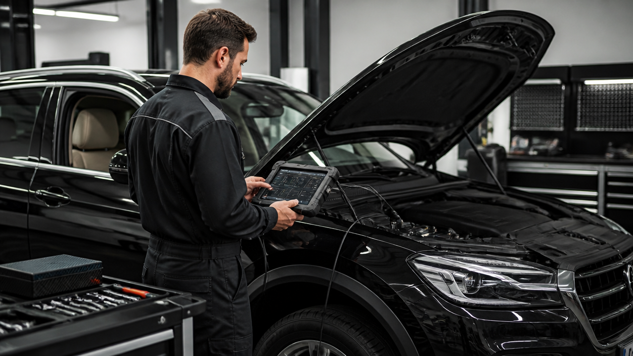 Diagnóstico eletrônico em SUV premium dentro de oficina moderna
