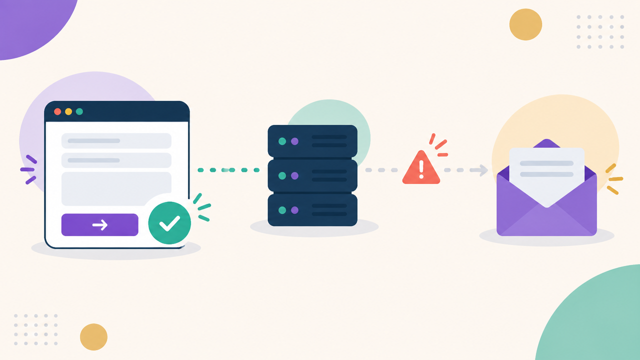 Illustration showing a contact form confirmation separately from delivery of its notification to an inbox