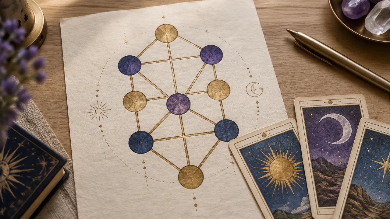 Diagrama artesanal da Árvore da Vida ao lado de cartas de tarot em uma mesa de estudo