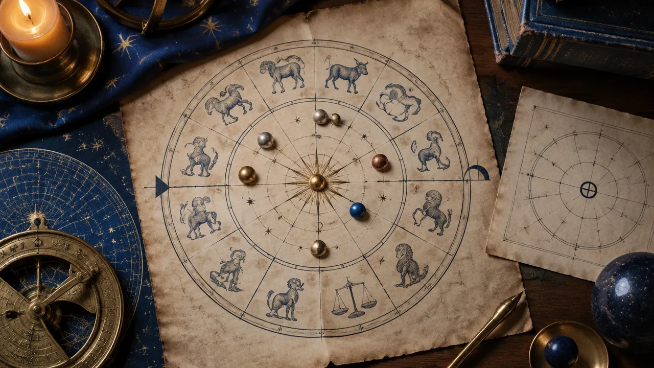 Diagrama circular artesanal com doze setores e marcadores planetários representando conceitos da astrologia helenística