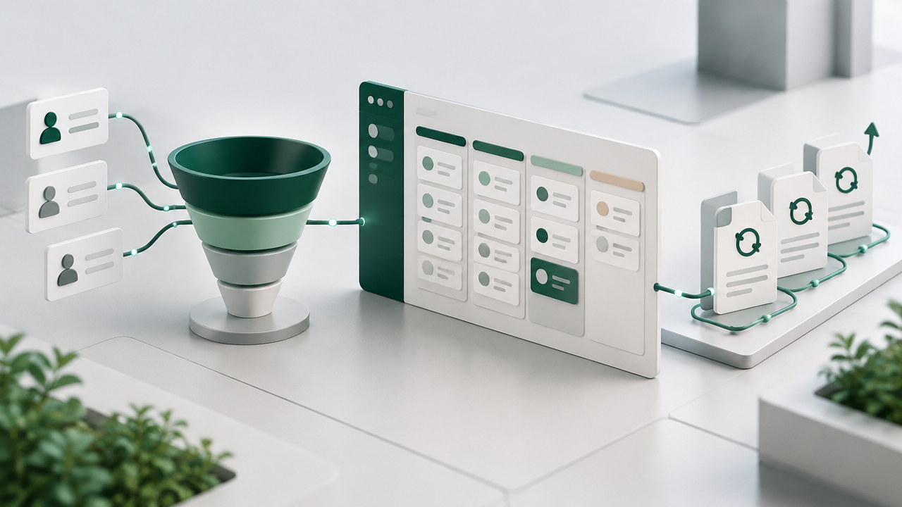 Diagrama de funil comercial conectado a um CRM e a contratos recorrentes