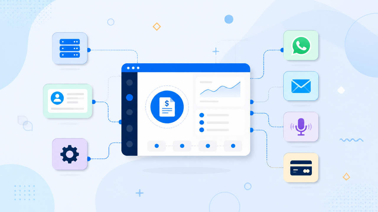 Diagrama ilustrado de integrações entre sistema de cobrança, CRM, ERP e canais digitais.