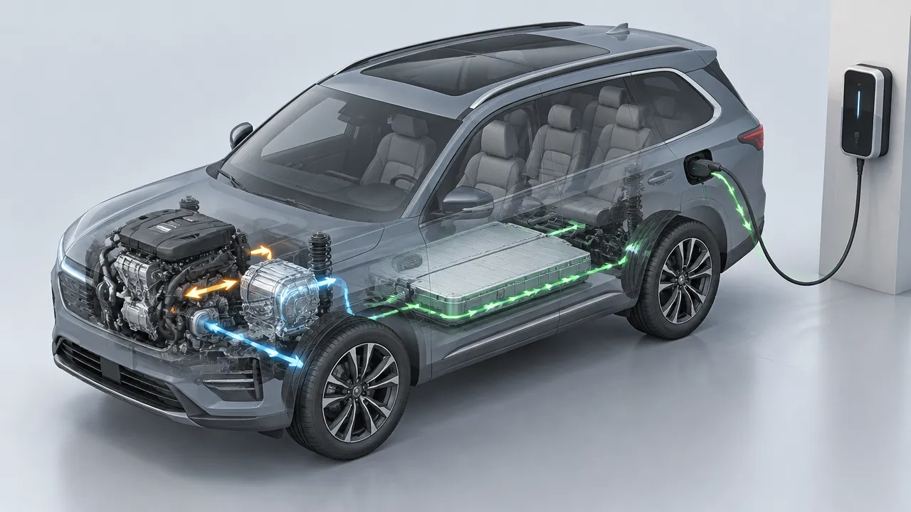 Diagrama isométrico ilustrativo de um SUV híbrido plug-in com motor a combustão, motor elétrico, bateria e cabo de recarga