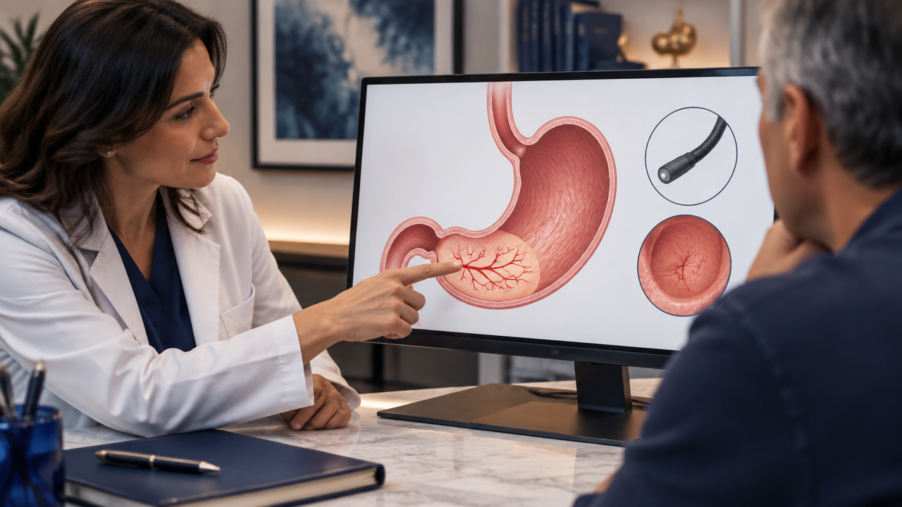 Diagrama médico simples do estômago com a região antral destacada enquanto uma médica orienta uma paciente
