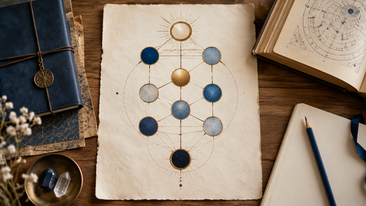 Diagrama simbólico de dez círculos conectados em três colunas, ilustrando a Árvore da Vida e as sefirot.