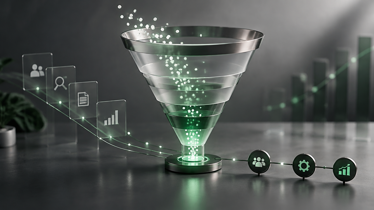 Diagrama visual sóbrio de um funil B2B que conecta aquisição, vendas e integração de clientes