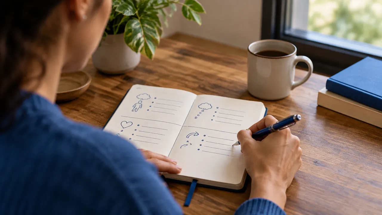 Diário aberto enquanto uma pessoa registra situação, emoção e resposta automática para identificar padrões