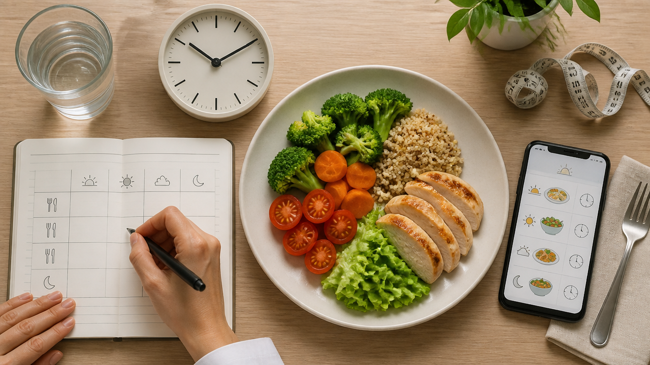 Diário alimentar, relógio e prato equilibrado em mesa de acompanhamento nutricional