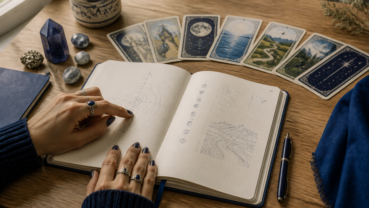 Diário de sonhos aberto com cartas de tarot e anotações sobre símbolos recorrentes