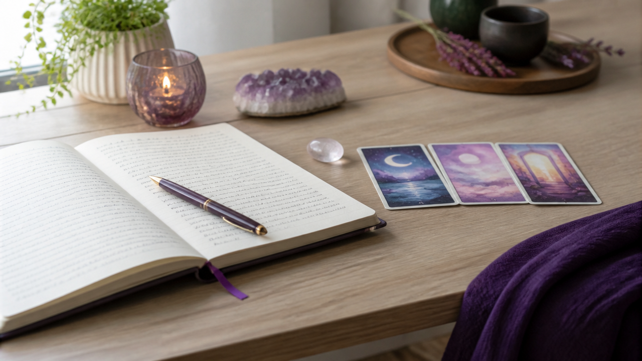 Diário de sonhos aberto sobre uma mesa ao lado de cartas de tarot e um cristal