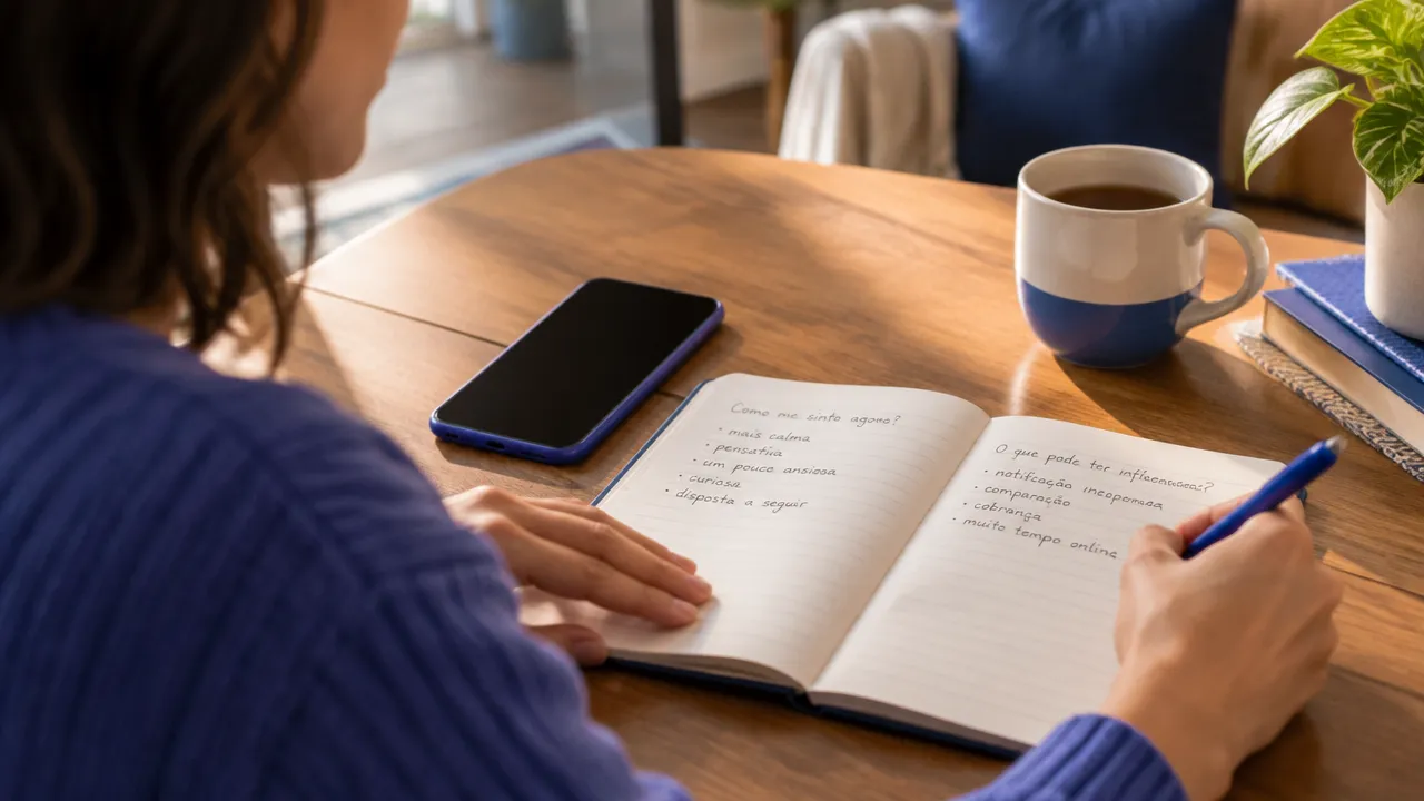 Diário e smartphone sobre a mesa durante uma reflexão sobre emoções ligadas ao uso digital