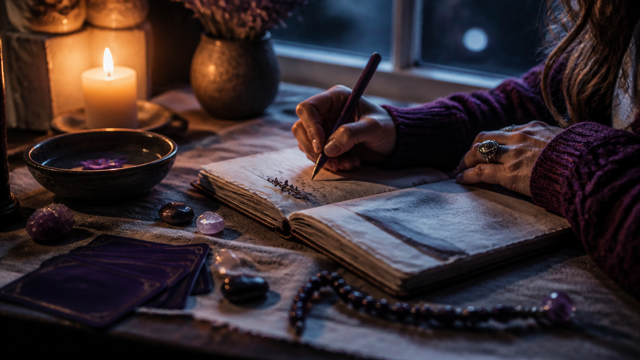 Diário espiritual sendo preenchido ao lado de cristais e vela durante prática noturna