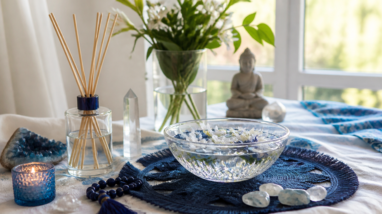 Difusor e elementos aromáticos dispostos com segurança sobre um altar espiritual