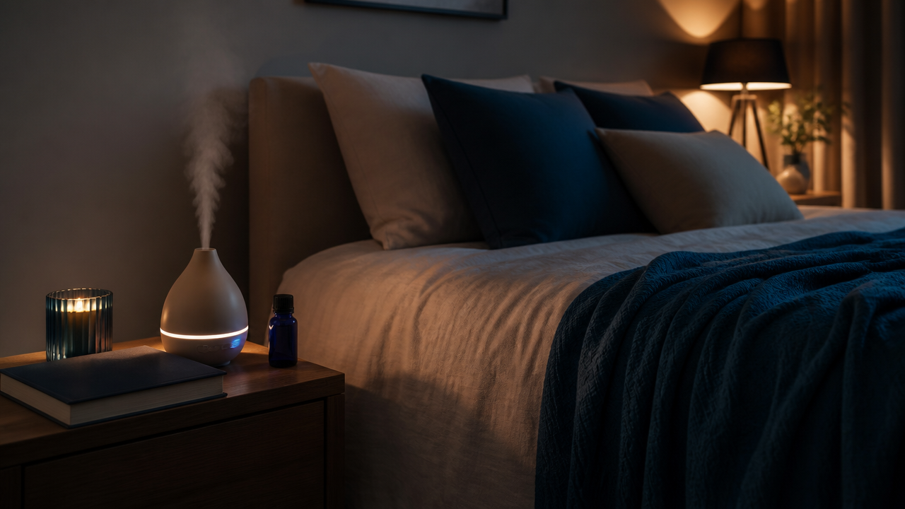Difusor e óleos essenciais em rotina noturna de relaxamento no quarto