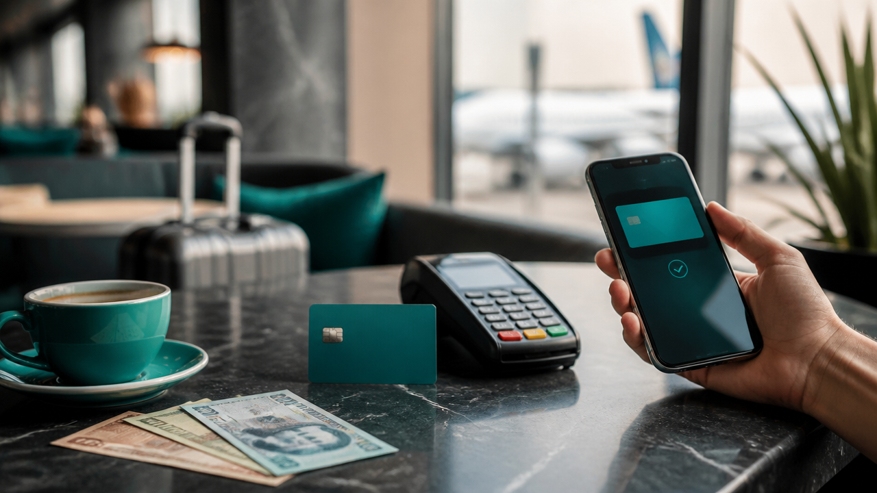 Dinheiro em espécie, cartão e celular representando formas de pagamento em viagem internacional