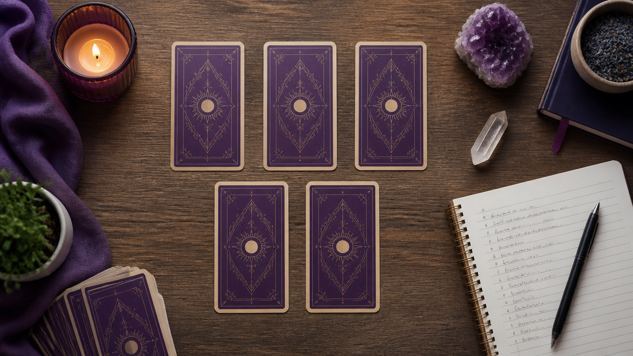 Disposição de cartas de tarot em uma mesa organizada para avaliar uma parceria profissional