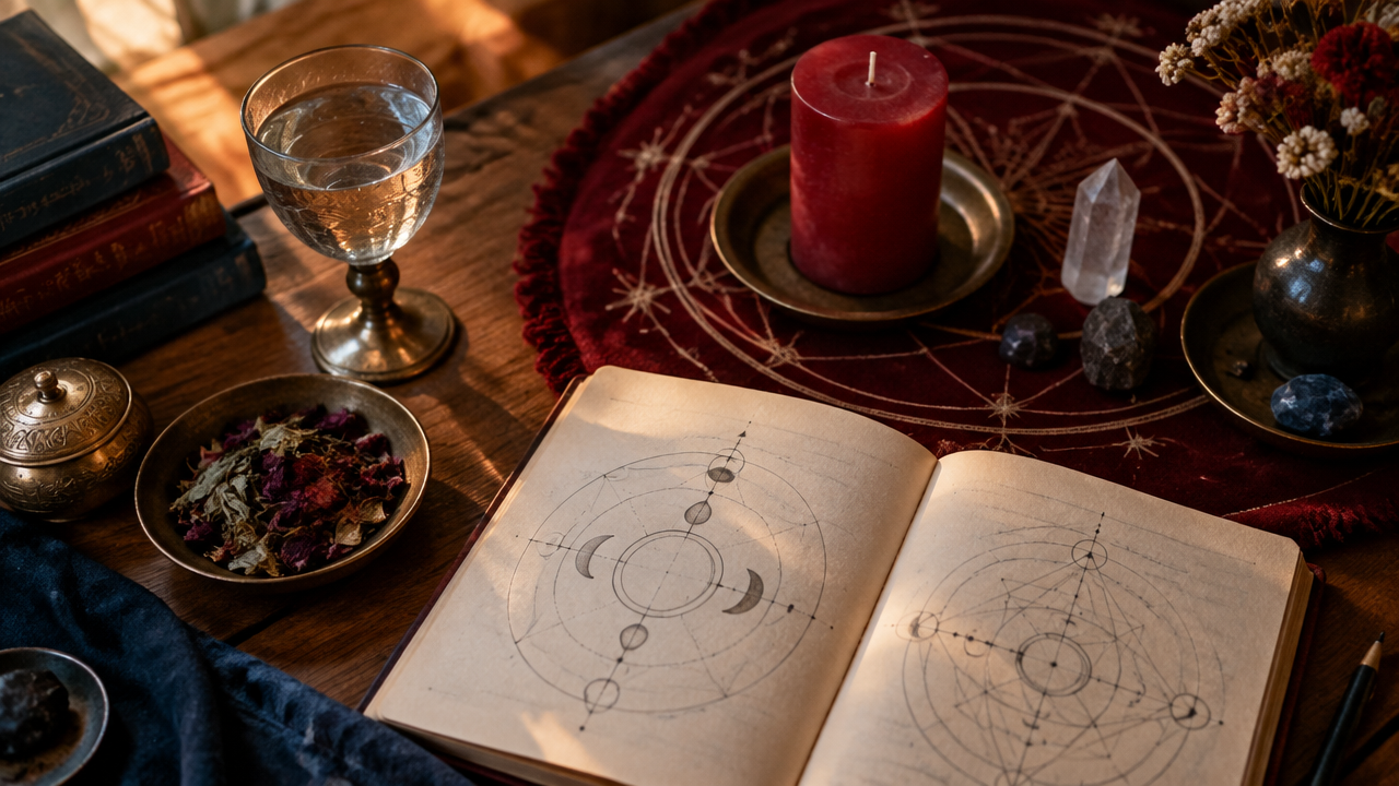 Disposição organizada de objetos simbólicos e caderno em uma mesa, ilustrando a estrutura de um ritual cerimonial.