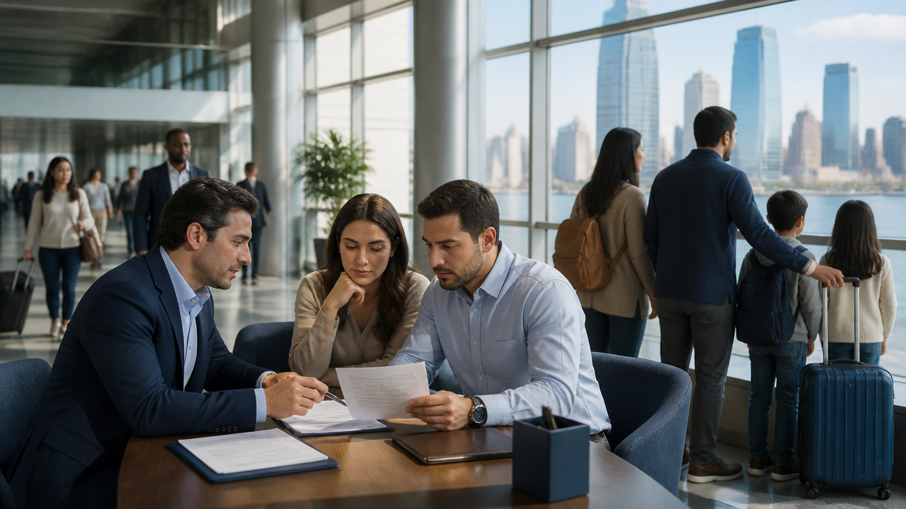 Diverse immigrants and an advisor reviewing documents in a modern U.S. arrival and planning setting
