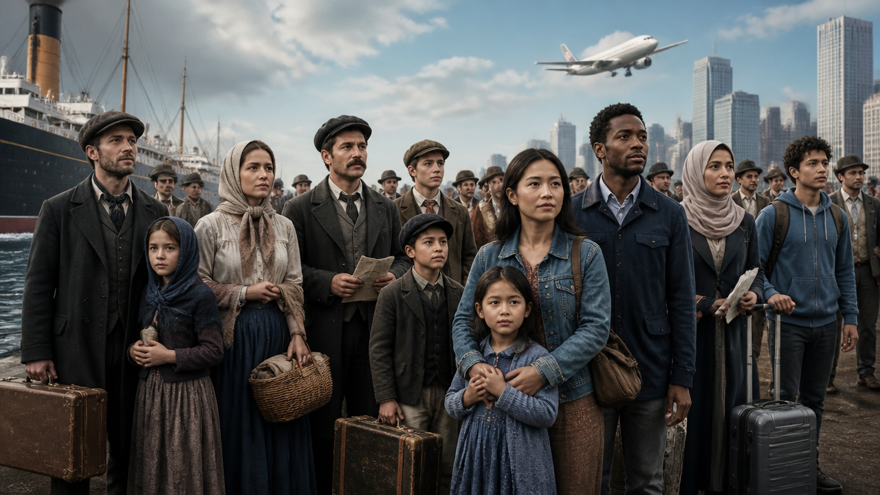 Diverse immigrants from different eras arriving in the United States with luggage and documents near a harbor skyline