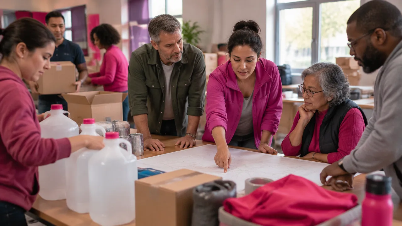 Diverse neighbors planning a shared emergency response around supplies and a blank map