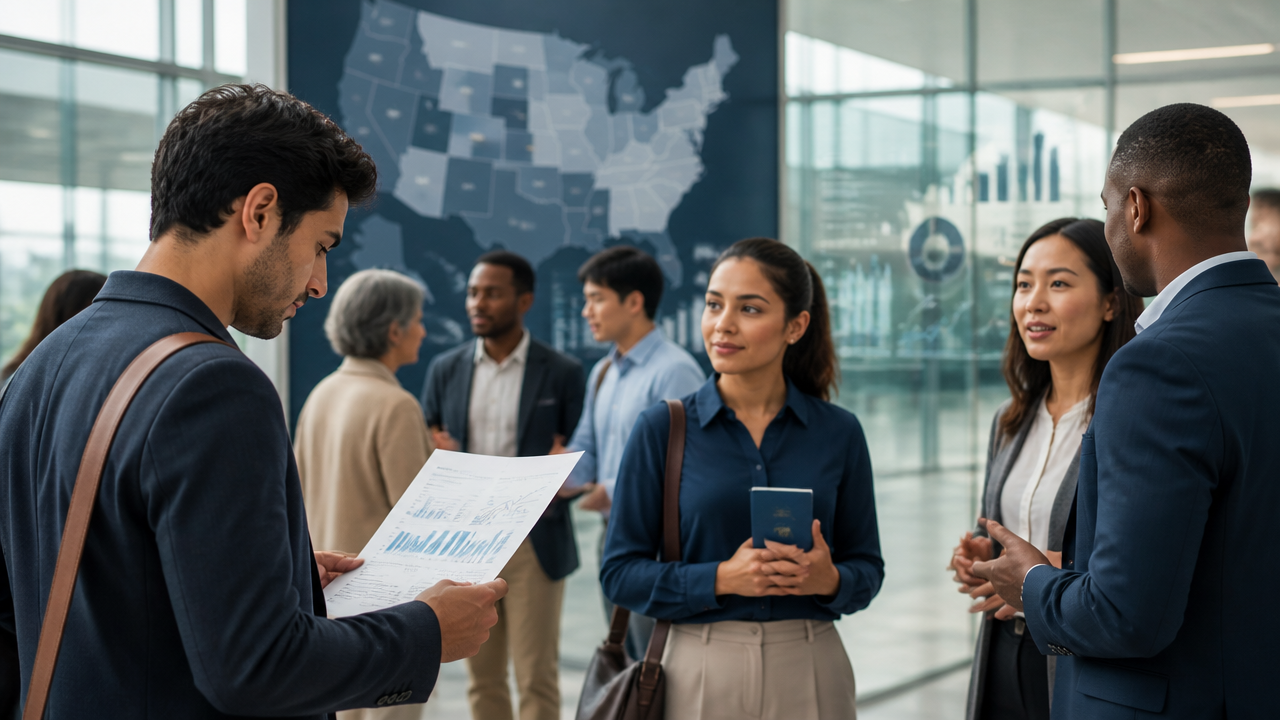 Diverse professionals reviewing migration data in a modern U.S. public space