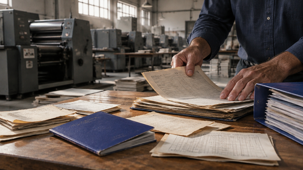 Documentos antigos organizados diante de máquinas de uma gráfica fechada para reconstruir o histórico profissional