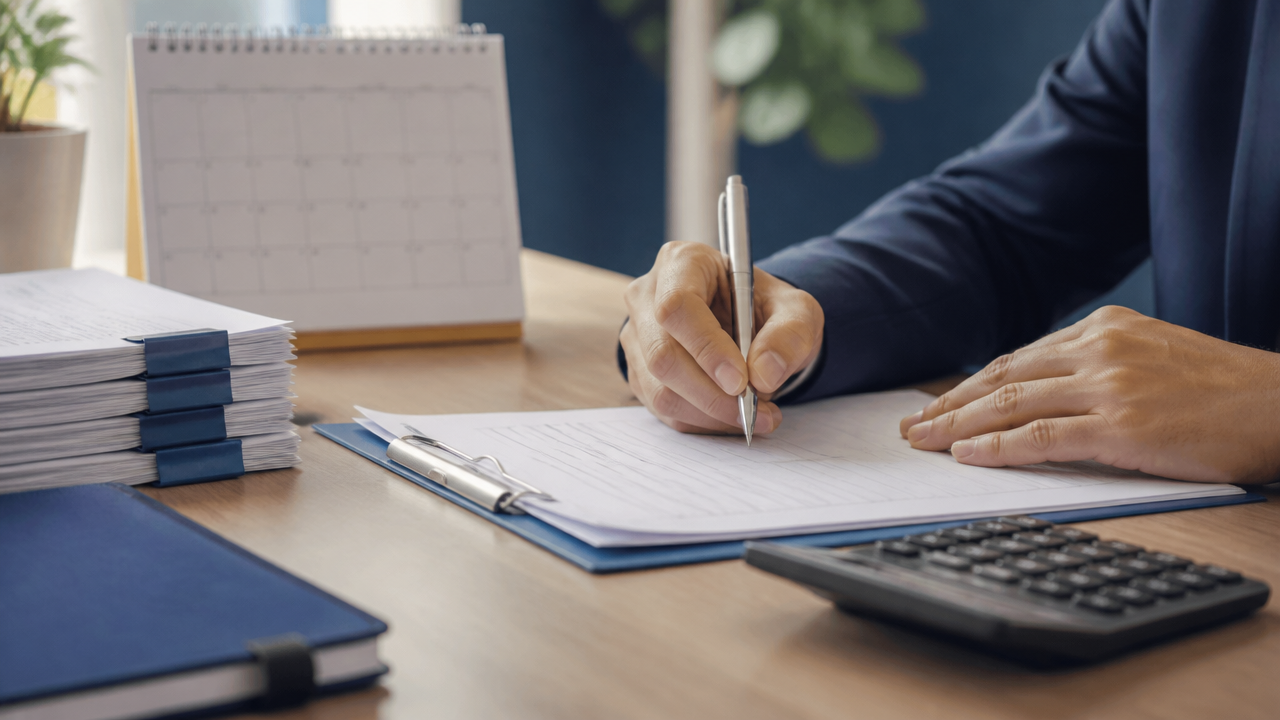 Documentos, calendário e calculadora em processo de regularização de débito.